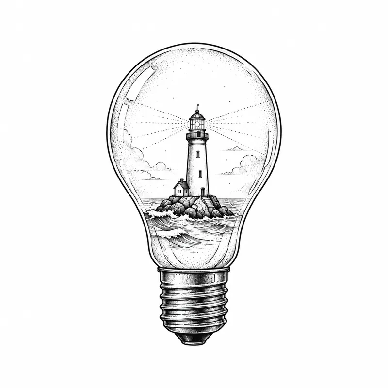 Lighthouse in a bulb tattoo design