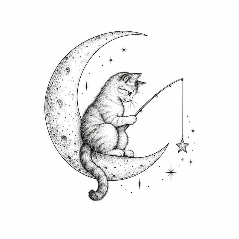 Moon fisher cat tattoo design