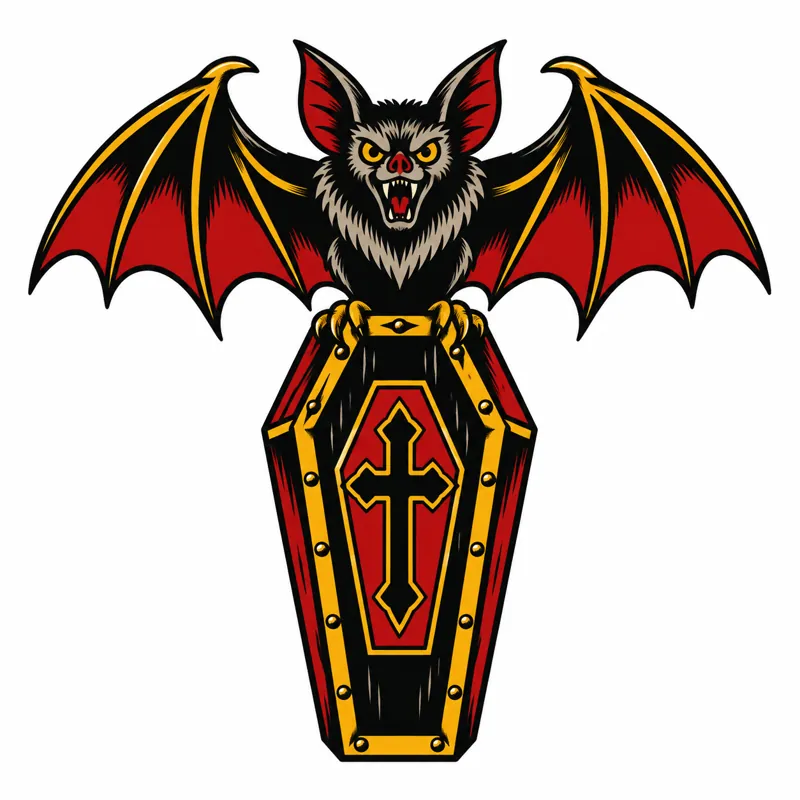 Coffin and bat tattoo design