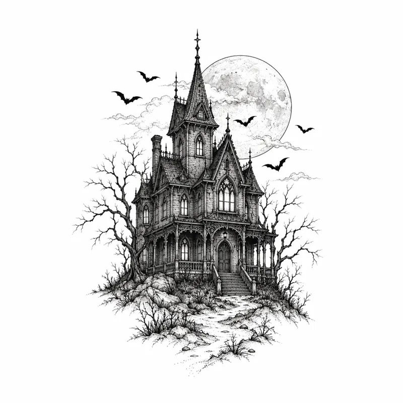 Haunted house tattoo design