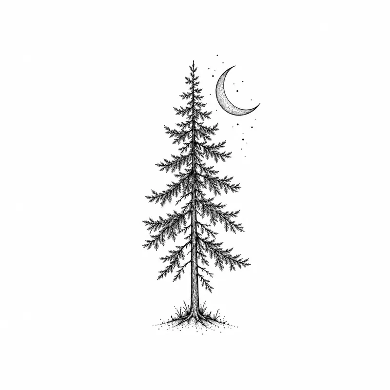 Pine and moon tattoo design