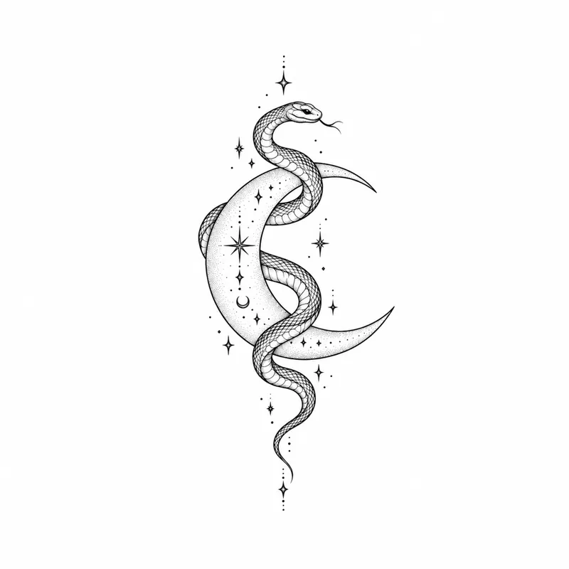 Serpent and moon tattoo design