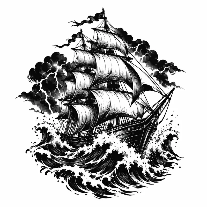 Ship in a storm tattoo design