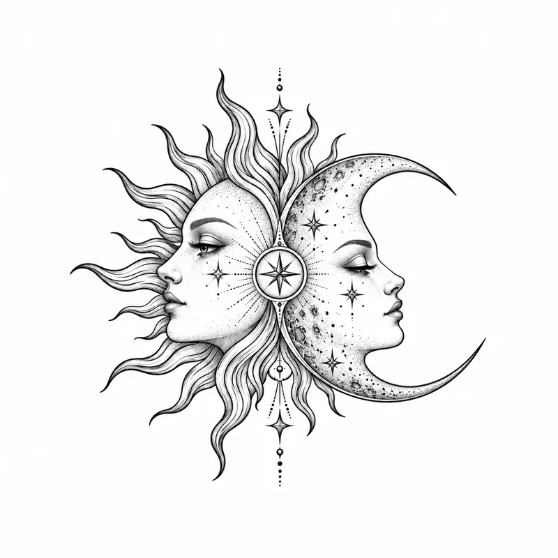 Sun and moon faces tattoo design