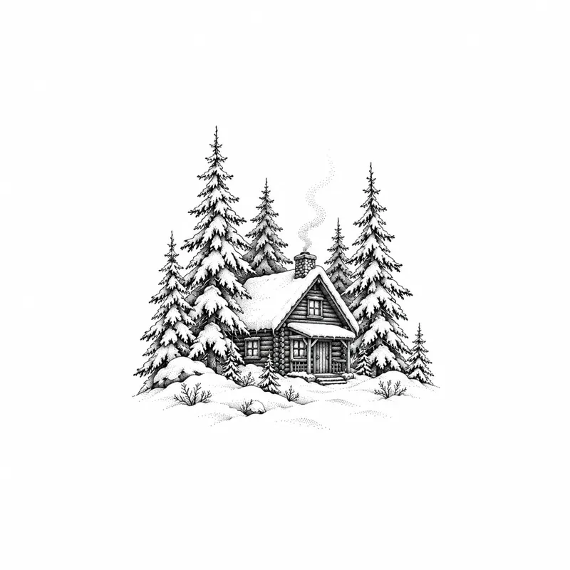Winter cabin tattoo design